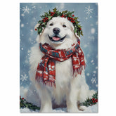 Great Pyrenees Christmas Dog Wall Art with Red Scarf and Holly Wreath for Winter Snow Festive Puppy Holiday Artwork on Flat Rolled, Framed or Wrapped Canvas