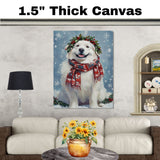 Great Pyrenees Christmas Dog Wall Art with Red Scarf and Holly Wreath for Winter Snow Festive Puppy Holiday Artwork on Flat Rolled, Framed or Wrapped Canvas