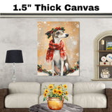 Greyhound Christmas Dog Wall Art with Red Scarf and Holly Wreath for Winter Snow Festive Puppy Holiday Artwork on Flat Rolled, Framed or Wrapped Canvas