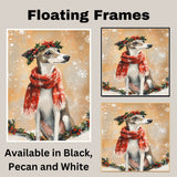 Greyhound Christmas Dog Wall Art with Red Scarf and Holly Wreath for Winter Snow Festive Puppy Holiday Artwork on Flat Rolled, Framed or Wrapped Canvas