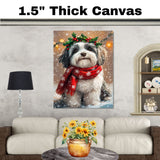 Havanese Christmas Dog Wall Art with Red Scarf and Holly Wreath for Winter Snow Festive Puppy Holiday Artwork on Flat Rolled, Framed or Wrapped Canvas