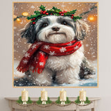 Havanese Christmas Dog Wall Art with Red Scarf and Holly Wreath for Winter Snow Festive Puppy Holiday Artwork on Flat Rolled, Framed or Wrapped Canvas
