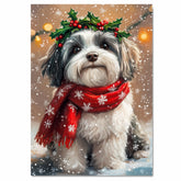 Havanese Christmas Dog Wall Art with Red Scarf and Holly Wreath for Winter Snow Festive Puppy Holiday Artwork on Flat Rolled, Framed or Wrapped Canvas
