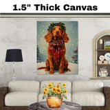 Irish Setter Christmas Dog Wall Art with Red Scarf and Holly Wreath for Winter Snow Festive Puppy Holiday Artwork on Flat Rolled, Framed or Wrapped Canvas