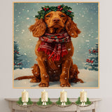 Irish Setter Christmas Dog Wall Art with Red Scarf and Holly Wreath for Winter Snow Festive Puppy Holiday Artwork on Flat Rolled, Framed or Wrapped Canvas