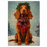 Irish Setter Christmas Dog Wall Art with Red Scarf and Holly Wreath for Winter Snow Festive Puppy Holiday Artwork on Flat Rolled, Framed or Wrapped Canvas