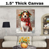 Jack Russell Christmas Dog Wall Art with Red Scarf and Holly Wreath for Winter Snow Festive Puppy Holiday Artwork on Flat Rolled, Framed or Wrapped Canvas