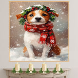 Jack Russell Christmas Dog Wall Art with Red Scarf and Holly Wreath for Winter Snow Festive Puppy Holiday Artwork on Flat Rolled, Framed or Wrapped Canvas