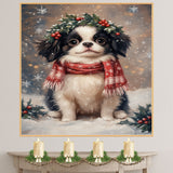 Japanese Chin Christmas Dog Wall Art with Red Scarf and Holly Wreath for Winter Snow Festive Puppy Holiday Artwork on Flat Rolled, Framed or Wrapped Canvas