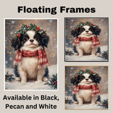Japanese Chin Christmas Dog Wall Art with Red Scarf and Holly Wreath for Winter Snow Festive Puppy Holiday Artwork on Flat Rolled, Framed or Wrapped Canvas
