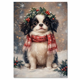 Japanese Chin Christmas Dog Wall Art with Red Scarf and Holly Wreath for Winter Snow Festive Puppy Holiday Artwork on Flat Rolled, Framed or Wrapped Canvas
