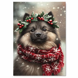 Keeshond Christmas Dog Wall Art with Red Scarf and Holly Wreath for Winter Snow Festive Puppy Holiday Artwork on Flat Rolled, Framed or Wrapped Canvas