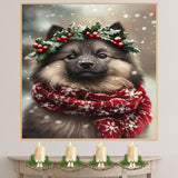 Keeshond Christmas Dog Wall Art with Red Scarf and Holly Wreath for Winter Snow Festive Puppy Holiday Artwork on Flat Rolled, Framed or Wrapped Canvas