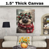 Keeshond Christmas Dog Wall Art with Red Scarf and Holly Wreath for Winter Snow Festive Puppy Holiday Artwork on Flat Rolled, Framed or Wrapped Canvas