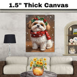 Malti Tzu Christmas Dog Wall Art with Red Scarf and Holly Wreath for Winter Snow Festive Puppy Holiday Artwork on Flat Rolled, Framed or Wrapped Canvas