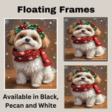 Malti Tzu Christmas Dog Wall Art with Red Scarf and Holly Wreath for Winter Snow Festive Puppy Holiday Artwork on Flat Rolled, Framed or Wrapped Canvas