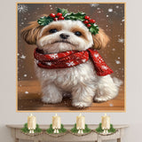 Malti Tzu Christmas Dog Wall Art with Red Scarf and Holly Wreath for Winter Snow Festive Puppy Holiday Artwork on Flat Rolled, Framed or Wrapped Canvas