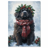 Newfoundland Christmas Dog Wall Art with Red Scarf and Holly Wreath for Winter Snow Festive Puppy Holiday Artwork on Flat Rolled, Framed or Wrapped Canvas