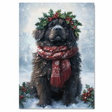 Newfoundland Christmas Dog Wall Art with Red Scarf and Holly Wreath for Winter Snow Festive Puppy Holiday Artwork on Flat Rolled, Framed or Wrapped Canvas