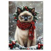 Oriental Blue Point Cat Christmas Wall Art with Red Scarf and Holly Wreath for Winter Snow Festive Puppy Holiday Artwork on Flat Rolled, Framed or Wrapped Canvas