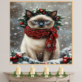 Oriental Blue Point Cat Christmas Wall Art with Red Scarf and Holly Wreath for Winter Snow Festive Puppy Holiday Artwork on Flat Rolled, Framed or Wrapped Canvas