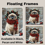Oriental Blue Point Cat Christmas Wall Art with Red Scarf and Holly Wreath for Winter Snow Festive Puppy Holiday Artwork on Flat Rolled, Framed or Wrapped Canvas