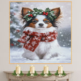 Papillon Christmas Dog Wall Art with Red Scarf and Holly Wreath for Winter Snow Festive Puppy Holiday Artwork on Flat Rolled, Framed or Wrapped Canvas