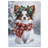 Papillon Christmas Dog Wall Art with Red Scarf and Holly Wreath for Winter Snow Festive Puppy Holiday Artwork on Flat Rolled, Framed or Wrapped Canvas