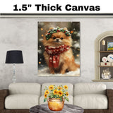 Pomeranian Christmas Dog Wall Art with Red Scarf and Holly Wreath for Winter Snow Festive Puppy Holiday Artwork on Flat Rolled, Framed or Wrapped Canvas