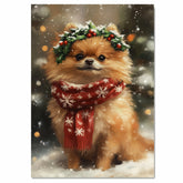 Pomeranian Christmas Dog Wall Art with Red Scarf and Holly Wreath for Winter Snow Festive Puppy Holiday Artwork on Flat Rolled, Framed or Wrapped Canvas