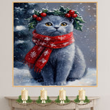 Russian Blue Cat Christmas Dog Wall Art with Red Scarf and Holly Wreath for Winter Snow Festive Puppy Holiday Artwork on Flat Rolled, Framed or Wrapped Canvas
