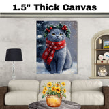 Russian Blue Cat Christmas Dog Wall Art with Red Scarf and Holly Wreath for Winter Snow Festive Puppy Holiday Artwork on Flat Rolled, Framed or Wrapped Canvas