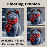 Russian Blue Cat Christmas Dog Wall Art with Red Scarf and Holly Wreath for Winter Snow Festive Puppy Holiday Artwork on Flat Rolled, Framed or Wrapped Canvas
