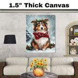 Shetland Sheepdog Christmas Dog Wall Art with Red Scarf and Holly Wreath for Winter Snow Festive Puppy Holiday Artwork on Flat Rolled, Framed or Wrapped Canvas