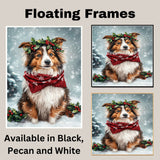 Shetland Sheepdog Christmas Dog Wall Art with Red Scarf and Holly Wreath for Winter Snow Festive Puppy Holiday Artwork on Flat Rolled, Framed or Wrapped Canvas