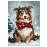 Shetland Sheepdog Christmas Dog Wall Art with Red Scarf and Holly Wreath for Winter Snow Festive Puppy Holiday Artwork on Flat Rolled, Framed or Wrapped Canvas