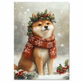 Shiba Inu Christmas Dog Wall Art with Red Scarf and Holly Wreath for Winter Snow Festive Puppy Holiday Artwork on Flat Rolled, Framed or Wrapped Canvas