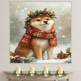 Shiba Inu Christmas Dog Wall Art with Red Scarf and Holly Wreath for Winter Snow Festive Puppy Holiday Artwork on Flat Rolled, Framed or Wrapped Canvas