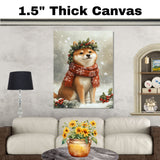 Shiba Inu Christmas Dog Wall Art with Red Scarf and Holly Wreath for Winter Snow Festive Puppy Holiday Artwork on Flat Rolled, Framed or Wrapped Canvas