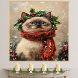Siamese Cat Christmas Wall Art with Red Scarf and Holly Wreath for Winter Snow Festive Puppy Holiday Artwork on Flat Rolled, Framed or Wrapped Canvas