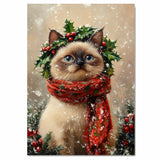Siamese Cat Christmas Wall Art with Red Scarf and Holly Wreath for Winter Snow Festive Puppy Holiday Artwork on Flat Rolled, Framed or Wrapped Canvas