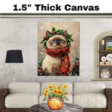 Siamese Cat Christmas Wall Art with Red Scarf and Holly Wreath for Winter Snow Festive Puppy Holiday Artwork on Flat Rolled, Framed or Wrapped Canvas