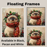 Siamese Cat Christmas Wall Art with Red Scarf and Holly Wreath for Winter Snow Festive Puppy Holiday Artwork on Flat Rolled, Framed or Wrapped Canvas