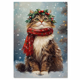 Siberian Cat Christmas Wall Art with Red Scarf and Holly Wreath for Winter Snow Festive Puppy Holiday Artwork on Flat Rolled, Framed or Wrapped Canvas