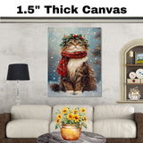 Siberian Cat Christmas Wall Art with Red Scarf and Holly Wreath for Winter Snow Festive Puppy Holiday Artwork on Flat Rolled, Framed or Wrapped Canvas