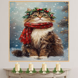 Siberian Cat Christmas Wall Art with Red Scarf and Holly Wreath for Winter Snow Festive Puppy Holiday Artwork on Flat Rolled, Framed or Wrapped Canvas