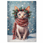 Sphynx Cat Christmas Dog Wall Art with Red Scarf and Holly Wreath for Winter Snow Festive Puppy Holiday Artwork on Flat Rolled, Framed or Wrapped Canvas