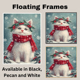 Turkish Angora Cat Christmas Wall Art with Red Scarf and Holly Wreath for Winter Snow Festive Puppy Holiday Artwork on Flat Rolled, Framed or Wrapped Canvas
