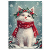 Turkish Angora Cat Christmas Wall Art with Red Scarf and Holly Wreath for Winter Snow Festive Puppy Holiday Artwork on Flat Rolled, Framed or Wrapped Canvas