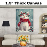 Turkish Angora Cat Christmas Wall Art with Red Scarf and Holly Wreath for Winter Snow Festive Puppy Holiday Artwork on Flat Rolled, Framed or Wrapped Canvas